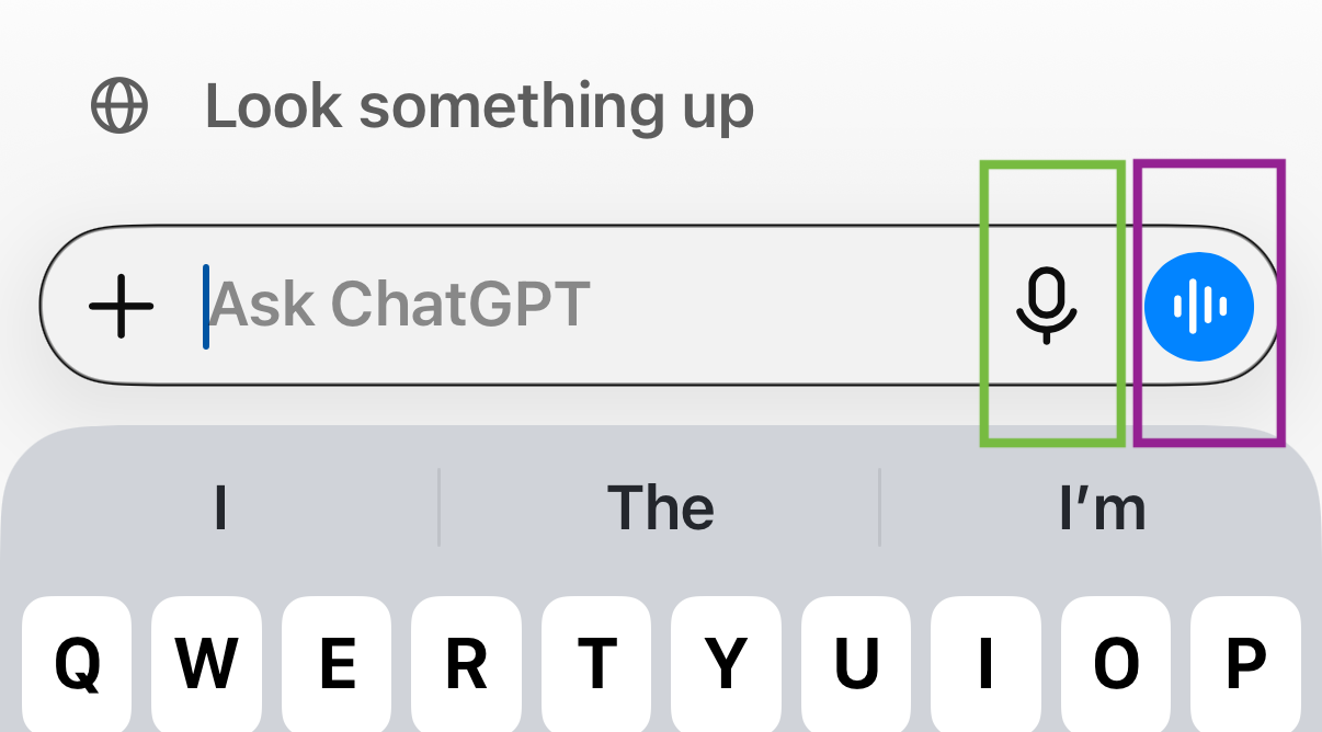 ChatGPT mobile interface showing the mic button (speech to text) and the blue Voice Mode button