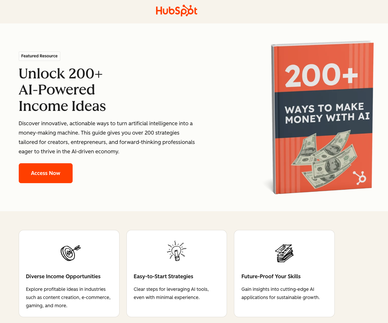HubSpot's 200+ AI-Powered Income Ideas guide — a book cover promising ways to make money with AI